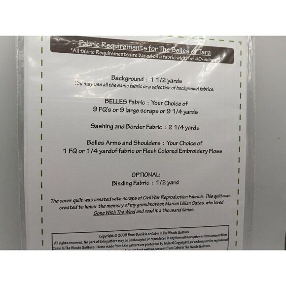 5/$25 CABIN IN THE WOODS QUILTERS PATTERN The Belles Of Tara 53" x 60" CWQ-08-02 - Picture 7 of 7